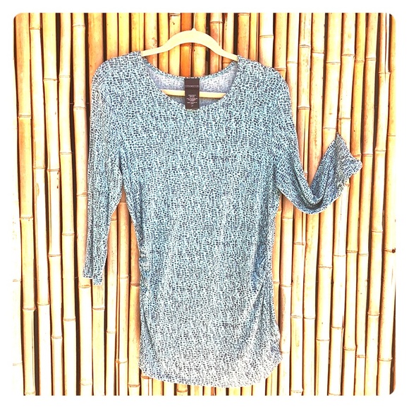 Tops - Teal Blue Print Stretch T Ruched Sides 3/4 Sleeve